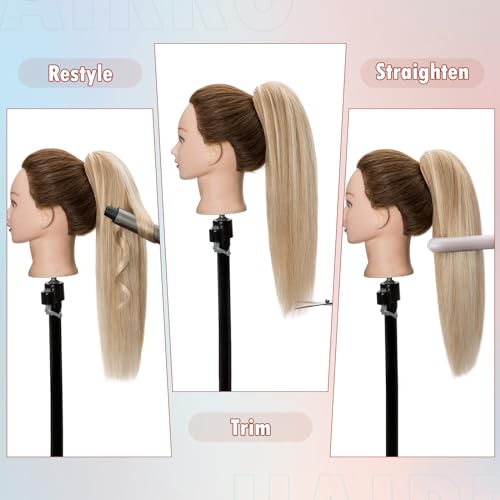 Hairro Claw Clip Ponytail Human Hair Extensions Jaw On Ponytails Remy Long Straight Jaw/Claw Clips Pony Tail Hairpieces For Women 14 Inch 105g #4P27 Medium Brown Mix Dark Blonde