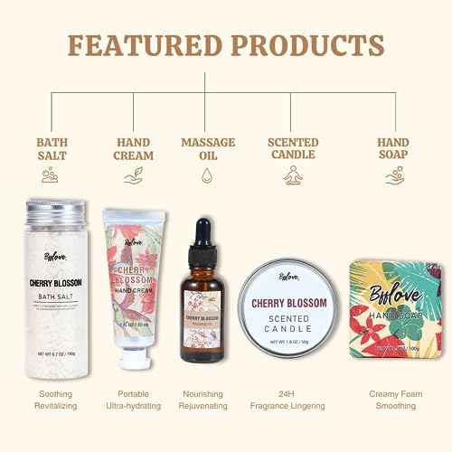 Gifts for Women BFFLOVE Gift Set for Women 5pcs Cherry Blossom Spa Set, Birthday Gifts for Her with Massage Oil, Scented Candle, Bath Salts, Hand Cream