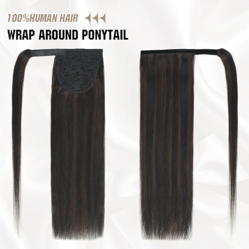 Ponytail Extension Human Hair 16 Inch Natural Black to Medium Brown Silky Straight Clip in Hair Extensions Wrap Around Ponytail Hair Piece for Girls(16 Inch Natural Black to Medium Brown #1BP4 85G)