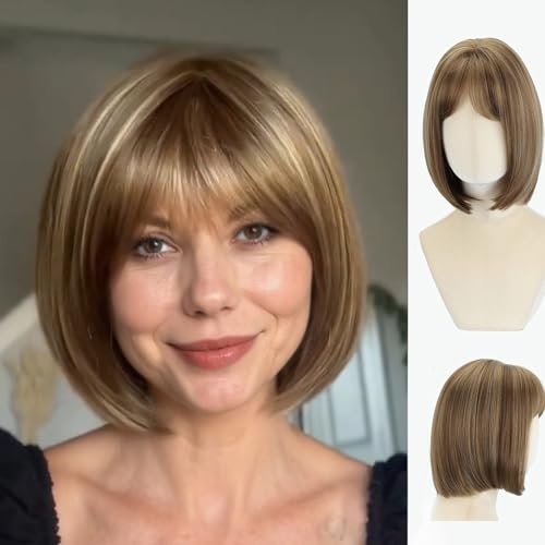 WIGYY Honey Brown Short Bob Wig with Bangs for White Women ? 12 Inch Straight Lace Front Synthetic Wig, Glueless Heat-Resistant Protein Fiber, Realistic Lightweight Daily Party Wear