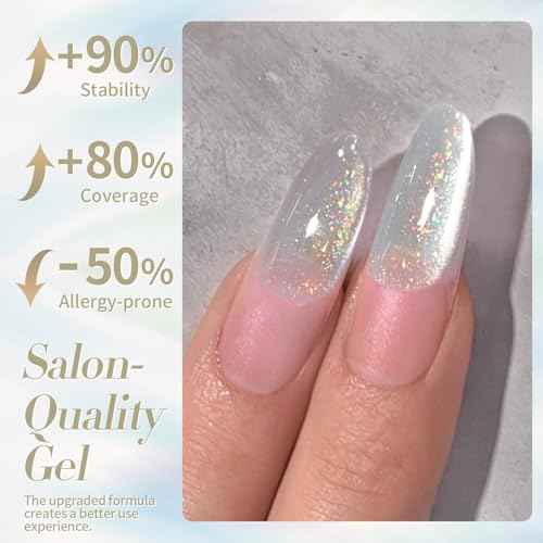 Born Pretty White Glitter Cat Magnetic Eye Gel Nail Polish, Holographic Glitter Iridescent Gel Nail Polish Soak Off Led Gel Nail Polish Nail Art Gel Manicure Salon DIY Gifts 15ML