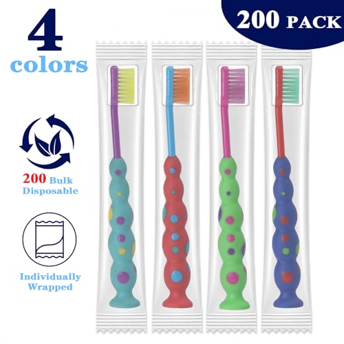 200 Pack Kids Toothbrush Soft bristles Toddler Lovely Toothbrush with Suction Cup Bulk, Includes Travel Covers, Individually Wrapped Toothbrushes for Kid Home School Daycare Camp (Candy)