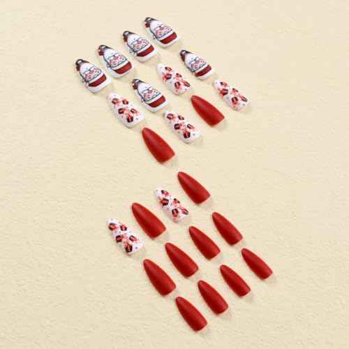 Christmas Press on Nails Medium Almond Red Fake Nails with Santa Claus Glue on Nails Xmas Gift Reusable Artificial Acrylic Full Cover Stick on False Nails for Women Manicure 24pcs