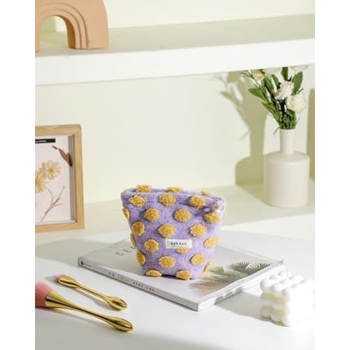 LETGO Fuzzy Makeup Bag Quilted Cosmetic Bag Puffy Coquette Makeup pouch Aesthetic Cotton Fleece Purple Travel Toiletry Bag Organizer Makeup Brushes Storage Bag for Women (Purple-Small)