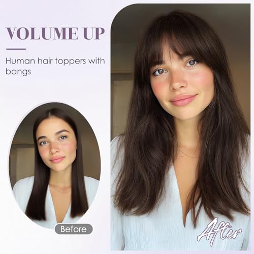 Hair Toppers for Women Real Human Hair 12 Inch Long Straight Toppers for Women with Thinning 7 * 13CM Silk Base Clip in Hairpieces with Bangs (Medium Brown)