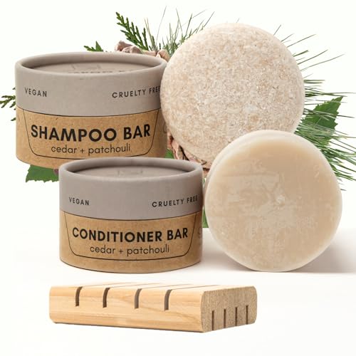 Shampoo & Conditioner Bar Set | Cedar + Patchouli | With Travel Container and Cedar Tray | Natural Salon Quality Shampoo, Zero Waste & Plastic Free