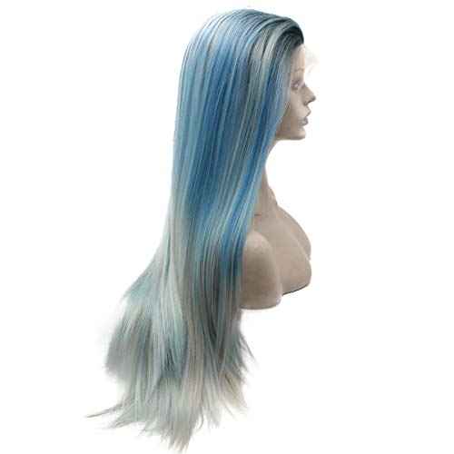 Peakia Long Straight Black Blue Gray Ombre Half Hand Tied Synthetic Lace Front Wig