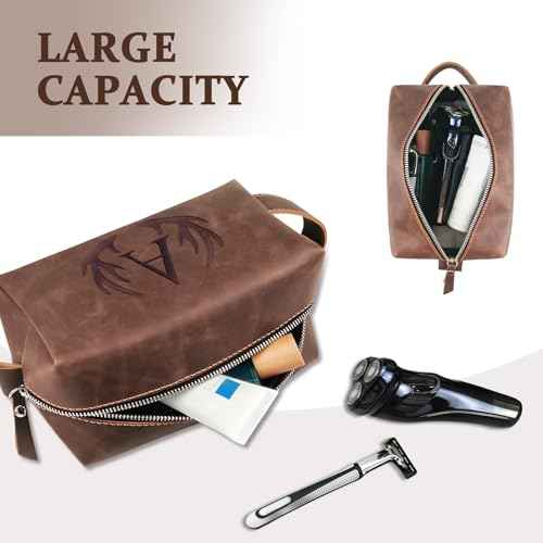 Unique Fathers Day Birthday Gifts Engraved Initial Travel Toiletry Bag for Men Personalized PU Leather Waterproof Shaving Bag for Toiletries Accessories Travel Essentials for Him (J)