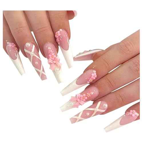 Pink Press On Nails with Nail Charms, press on nails medium for Girls, nail press ons for Women, square press on nails for her, press on nails kit Gel Like, Valentine's Day Gift,Pearl-24pcs