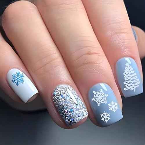 24Pcs Light Blue Press on Nails Short Square Christmas Fake Nails White False Nails Press ons with White Xmas Tree Snowflake Designs Glue on Nails Full Cover Glitter Xmas Nails for Women DIY