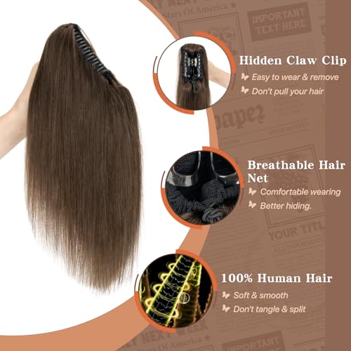 Claw Clip In Ponytail Extension, 100% Human Hair Ponytail Extension, No Tangle & Smooth, 105g, 16 Inch #Dark Brown