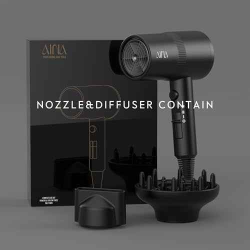 AINA Hair Dryer with Diffuser, Blow Dryer for Women | Advanced Ionic Technology, Ceramic Coating | Cold Shot Features Turbo Heat for Fast Drying and Shine 110V/ALCI (Vader Black)