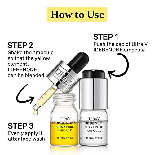 Ultra V Idebenone Signature Ampoule - Anti Aging Antioxidant Serum ? Peptides, Niacinamide, Hyaluronic Acid ? Anti Wrinkle, Smoothes, Softens Skin - 0.27 fl.oz 4 Packs 12,000ppm