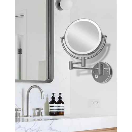 Wall Mounted Lighted Makeup Mirror with Magnification 5X, Rechargeable Magnifying Shaving Cosmetic Mirror with Extendable Swing Arm for Bathroom, Touch Stepless Dimming, Chrome
