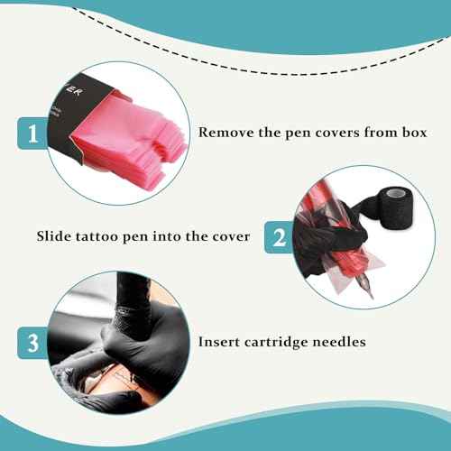 WZPB Large Tattoo Pen Machine Covers with Grip Tapes - 200Pcs 2.56 * 7.08 inch Pink Tattoo Machine Bags and 4Pcs Grip Wrap Tattoo Pen Bags Disposable Self-adhesive Bandage