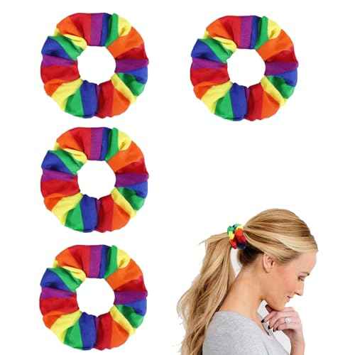 Rainbow Hair Scrunchies, 4Pcs LGBT Silk Satin Striped Rainbow Scrunchie Ponytail Holder for Women Girls