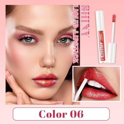 AMY'S DIARY Metallic Red Sparkle Liquid Lipstick, Shimmer Lip Gloss, Long-Lasting Waterproof Lip Color, High Shine Sparkle Makeup,Lip makeup for woman (Metallic Red Spark 6#)