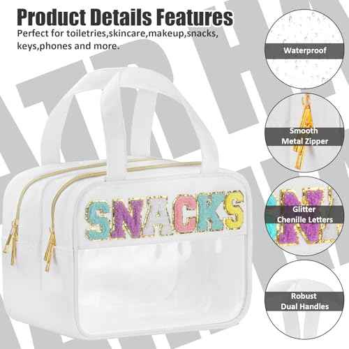 Chenille Letter Clear Makeup Bags Snacks Bag for Travel, Preppy Patch Nylon Cosmetic Pouch with Handles and Zipper, Waterproof Large Clear Travel Toiletry Purse Storage for Women White