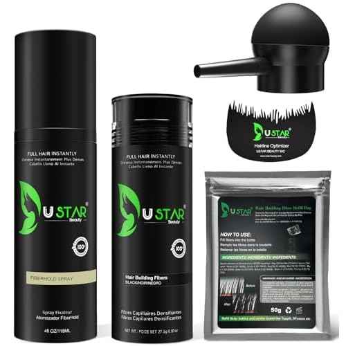 Hair Building Fibers Set, USTAR 5 in 1 Hair Fibers for Thinning Hair with Hair Fiber Spray, Natural Hair Filler for Hair Loss Instantly Thicker, Fuller Look, Hair Powder for Men & Women 77.5g (Black)