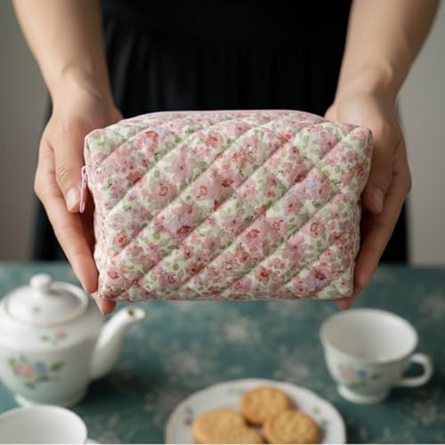 24 PCS Cotton Quilted Makeup Bag Bulk with Zipper- Floral Bridesmaid Gifts Cosmetic Makeup Pouch Bag Travel Portable Preppy Gifts for Women(24 Pack)