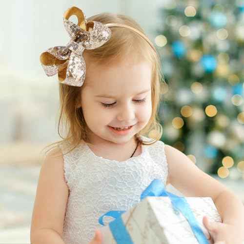Sparkly Sequin Hair Bow Headbands - Boutique Ribbon Bows for Girls, Kids, and Women (Gold)