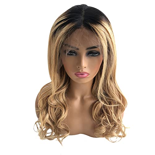 Ombr Lace Front Wigs Dark Roots to Strawberry Blonde Brazilian Natural Wavy Remy Human Hair Wigs Free Part Bleached Knots 13x4 Deep Part 2 Tones Colored Lace Wigs 22¡° 150 Density for Black Women