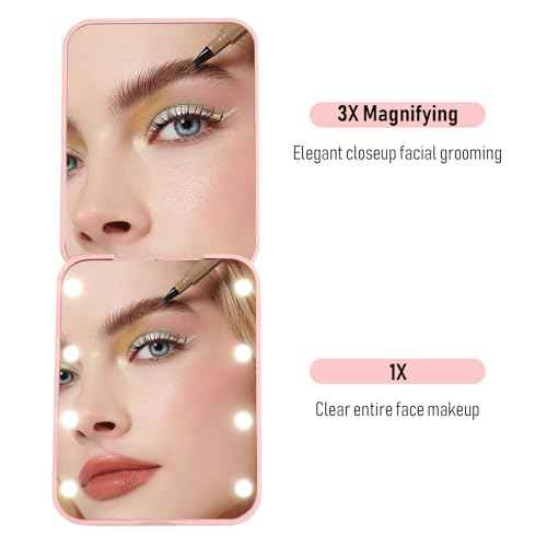 Compact Mirror, 1x/3x Magnifying LED Pocket Mirror, Small Lighted Travel Makeup Mirror for Purse, Handbag, Folding, Handheld, 2-Sided Mini Mirror with Lights for Women (Pink 1pack)