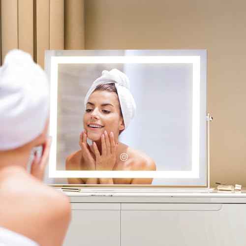 Hasipu Vanity Mirror with Lights, 19.6" x 15.7" LED Makeup Mirror, 3 Color Modes Touch Control and Brightness Adjustment Lighting Mirror, 10X Magnifying Glass, 360¡Æ Rotation
