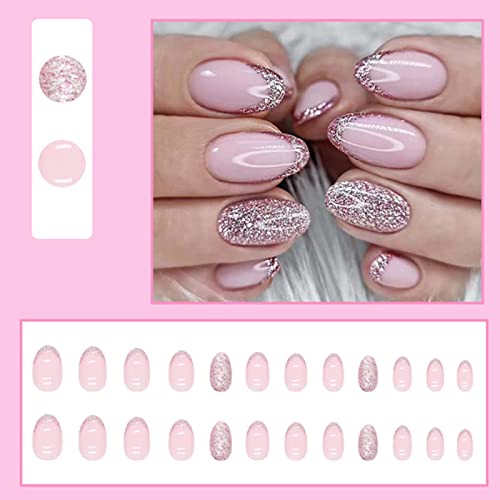 Short Almond False Nails French Press on Nails Bling Fake Nails Acrylic Glossy Cute Nails Tips for Women and Girls 24PCS