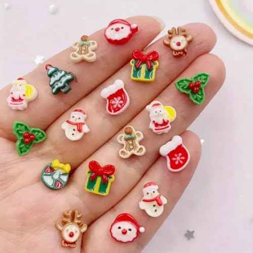 50Pcs Christmas Nail Art Charms - Cute Cartoon 3D Snowman, Elk, Holly Gift Design - Resin Flat Craft Winter Nail Supplies for Women Girls - New Year Decoration