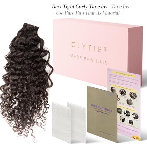 Clytie Raw Curly Tape in Hair Extensions Real Human Hair, One Donor Tight Curly Human Tape ins Hair Extensions 20 PCS 18IN Salon Bleachable Deep Curly 50g Invisible Taping for Thin Hair Light Weight