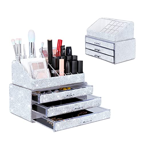KEYPOWER Makeup Organizers Drawer Bling Diamond,Fashion Countertop Jewelry Cosmetic Storage Display Boxes,Makeup Brush Holder, Cosmetic Holder,2 Pieces Set(Purely Handmade)(White)