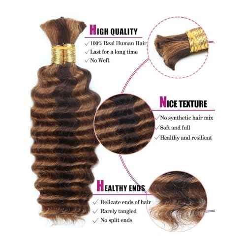4/30 Bronze Gold Human Braiding Hair Deep Wave Bulk£¬Highlight No Weft Curly Braiding Hair Extensions for Boho Braids Wet and Wavy Braiding Human Hair Bundles(18inch,4/30,100g)