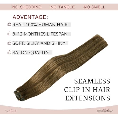 LOVELINE Seamless Clip in Hair Extensions Real Human Hair, Luxury Remy Human Hair Extensions Clip ins for Women, 16 Inch 110g 7Pcs, Balayage Chocolate Brown to Caramel Blonde