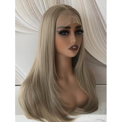 Ash Brown Layered Wig Pre Plucked Synthetic 13x6 Glueless Straight Lace Front Wig for Beginner Wear and Go 5D Arched Mesh Cap Natural Looking Wigs for Women 22 Inch Natural Density