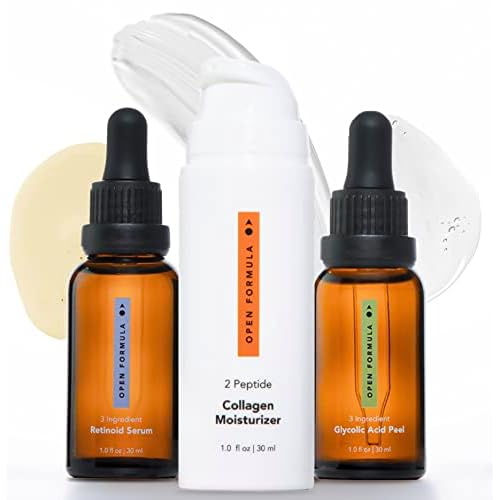 Open Formula Anti-aging Super Set. Glycolic Acid Peel + Retinoid Serum + Collagen Peptide Moisturizer. For Dark Spots & Melasma, Lines & Wrinkles, Loose & Sagging Skin. 3 Products, 3 Minutes To Apply