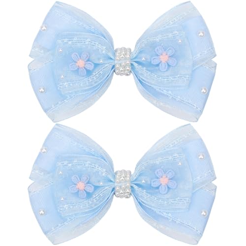 KISZU 4.5 Inch Flower Hair Bow Clips, Organza Bows with Pearls Big Hair Accessories for Baby Girls Kids Children Teens and Women (Blue)