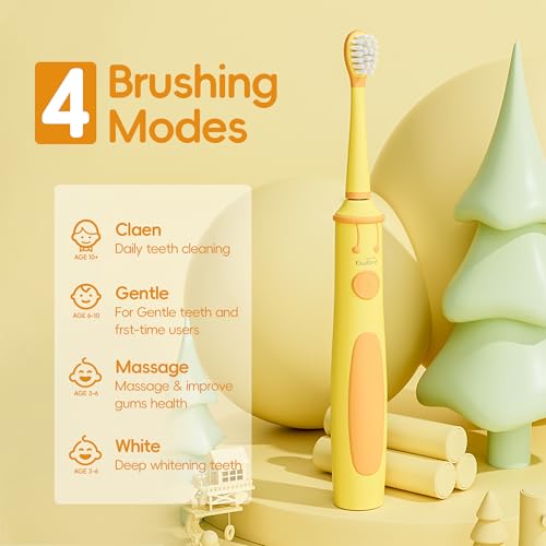 KIWIBIRD Kids Electric Toothbrush for Ages 3?10 | Toddler Sonic Toothbrush with 4 Modes & Soft Silicone Bristles | 2-Min Timer Pressure Sensor | 45-Day Rechargeable Battery | IPX8 Waterproof (Blue)
