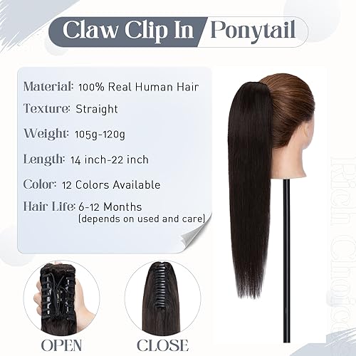 Rich Choices Claw Clip Ponytail Extension Real Human Hair Clip In Long Remy Ponytail Hair Extensions Straight For Women Human Pony tail 105g One Piece #1B Natural Black 14 Inch
