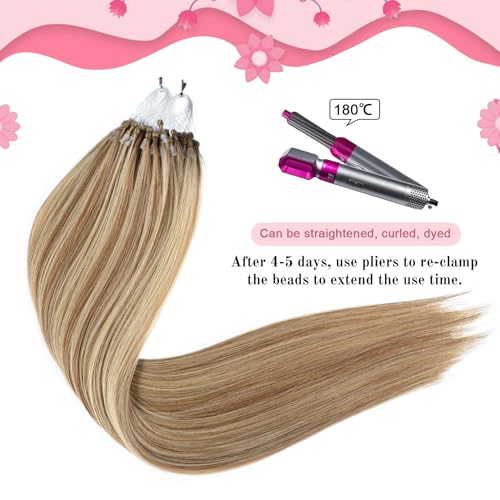 24 Inch Human Hair Extensions Micro Beads Hair Extensions Ombre Remy Human Hair Ash Brown with Bleach Blonde Micro Loop Human Extension #8/613 Microbeads Hair 50g 1g/s