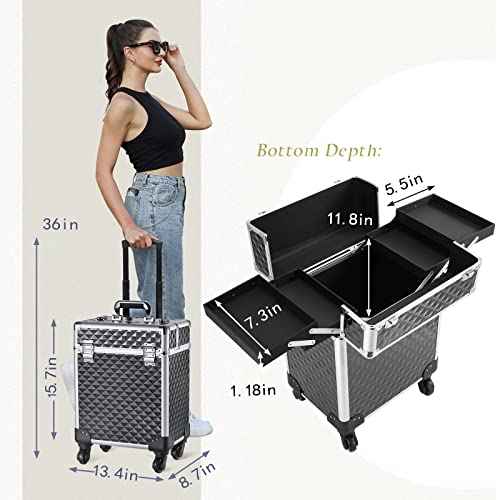 Rolling Makeup Train Case Large Cosmetic Trolley Organized Aluminum Barber Case for Hairstylist Makeup Nail Tech Salon with Keys Swivel Wheels Traveling Cart Trunk - Black