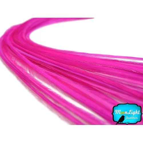 Moonlight Feather, Hair Feathers - Solid Hot Pink Thin Long Rooster Hackle Hair Extension Feathers - 10 Pieces