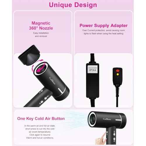 High-Speed Ionic Hair Dryer: 160000 RPM Brushless Motor Fast Drying Low Noise Thermo-Control Hairdryer,500 Millions Negative Ionic Care Blow Dryer Travel with Magnetic Diffuser & Nozzle