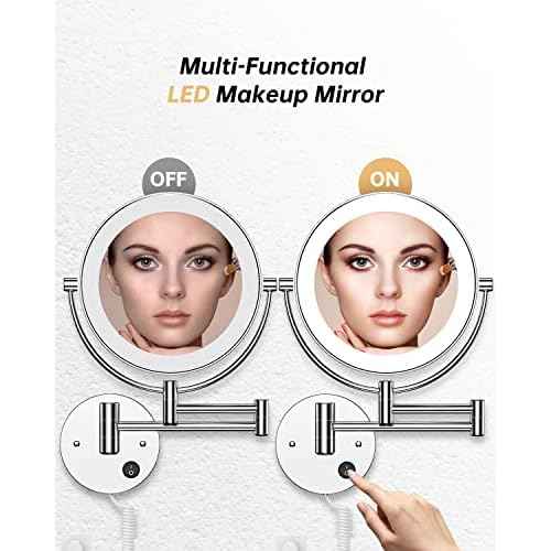 Gospire 8.5" Wall Mounted Lighted Magnifying Mirror, 1X/10X Double-Sided Magnification Round LED Cosmetic Vanity Bathroom Mirror Extendable Arm 360¡Æ Swivel for Shaving Makeup