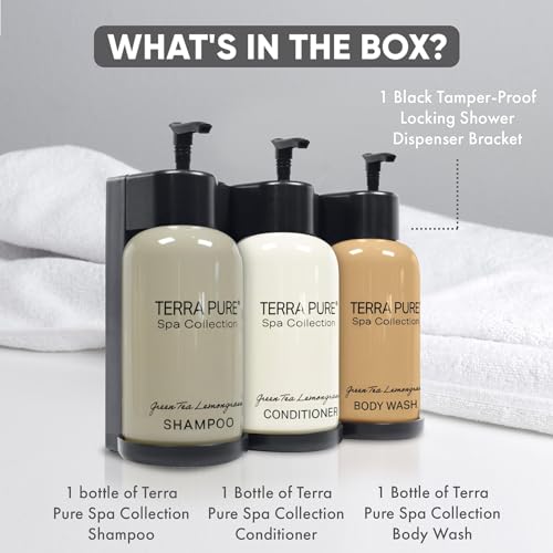 Terra Pure Spa Collection | Wall-Mounted No-Drill Hotel Amenities Dispenser | 10.14oz Bottles | Tamper-Proof Locking Bracket | 1 Bracket with Shampoo, Conditioner, and Body Wash