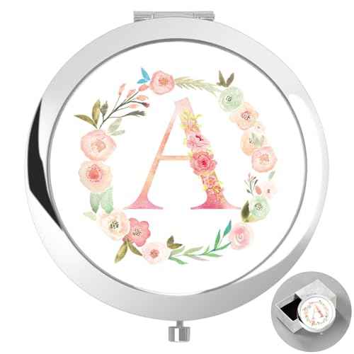 Personalized Gift Initial Compact Mirror w Box for Women Sister Daughter Mom Wife, Floral Monogram Alphabet Silver Small Mirror Ideal Gift on Birthday, Christmas, Graduation (A, Silver)