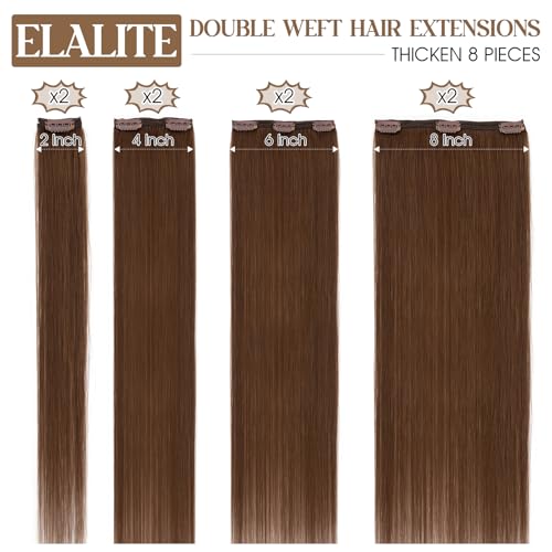 Elailite Clip in Hair Extensions Real Human Hair Double Weft Thick 8pcs Weft Medium Brown 16 Inch 130g Remy Hairpieces Balayage Full Head Straight for Women