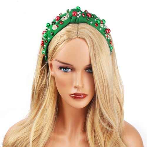 Christmas Green Headband for Women Girls Knotted Headband Red Green Pearl Rhinestone Wide Top Knot Headpiece Holiday Hair Accessories Dress Outfits Gifts