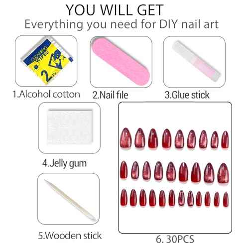 Christmas Press On Nails Medium Almond Fake Nails With Glue, Red Nail Press Ons With Glass Beads Cat's Eye Design£¬Artificial False Nails Stick On Nails for Women-30Pcs