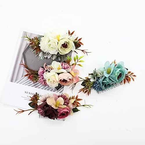 Cinaci 4 Pack Large Artificial Flower Metal Hair Side Combs Floral Slide Hair Clips Wedding Bridal Headpieces Hairpins Barrettes Decorative Hair Comb Bun Accessories for Women Girls Brides Bridesmaids